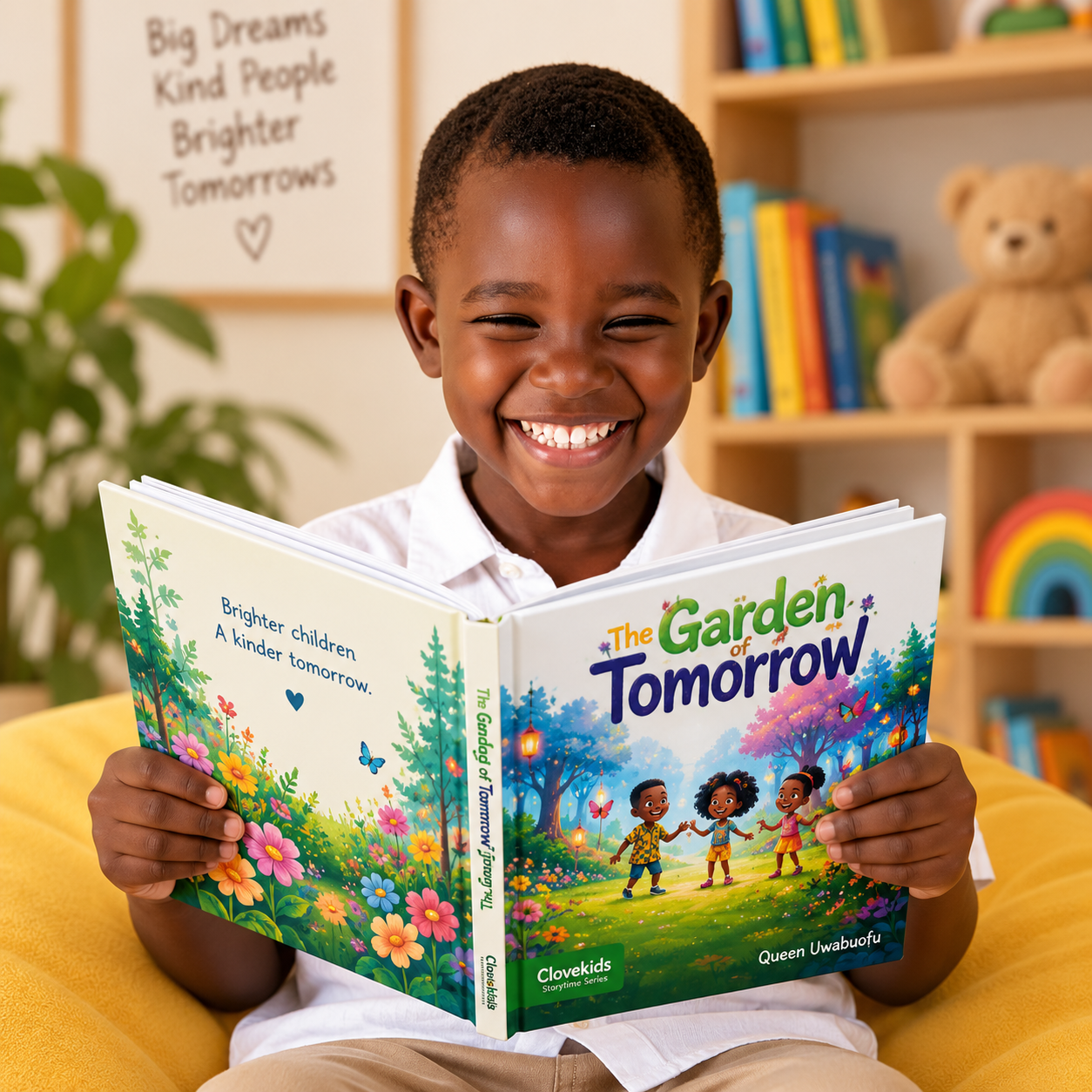 Smiling boy reading The Garden of Tomorrow