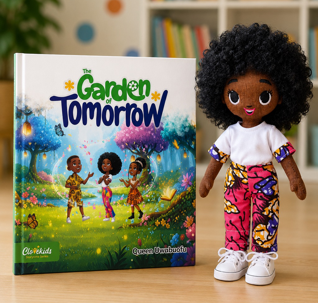 The Garden of Tomorrow book with a CloveKids doll