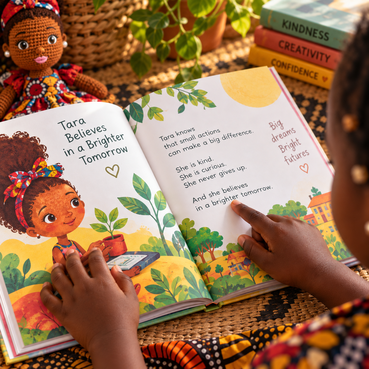 Child reading a Tara CloveKids book beside a crocheted doll