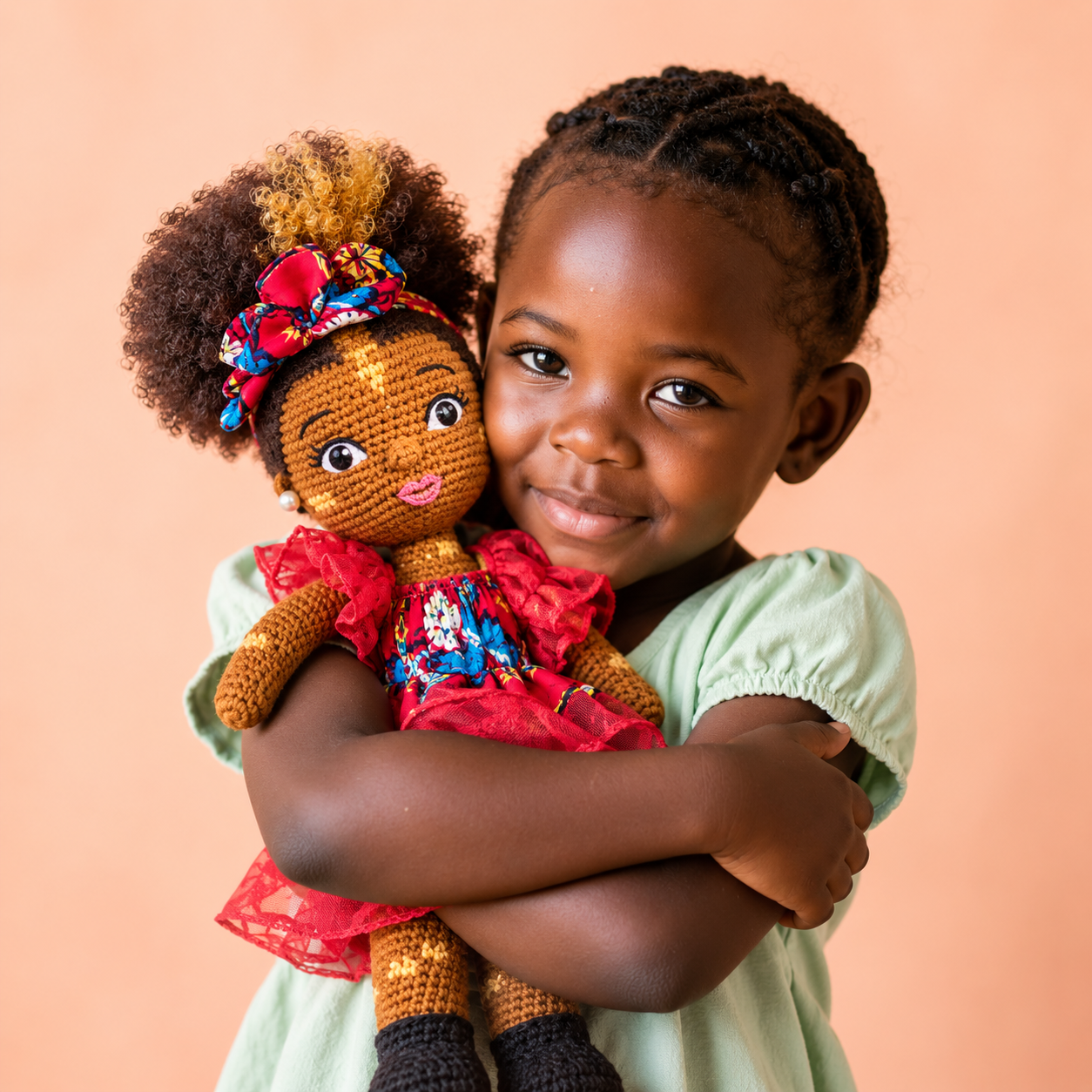 Girl hugging her handmade CloveKids doll