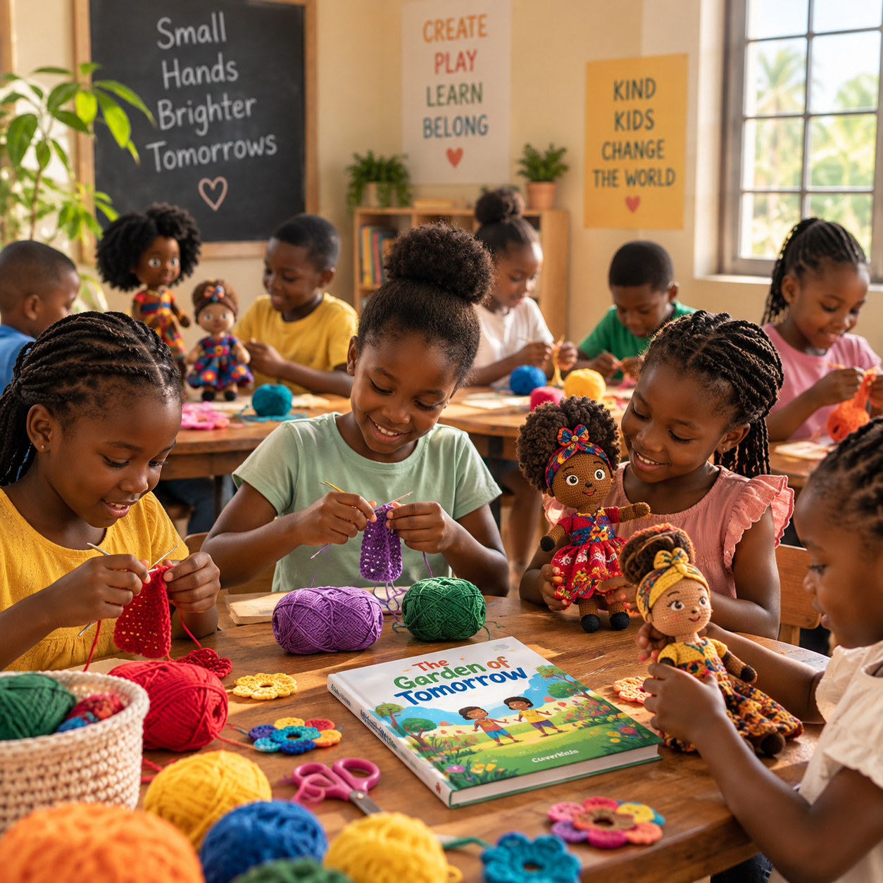 Children crocheting together in a classroom with CloveKids dolls